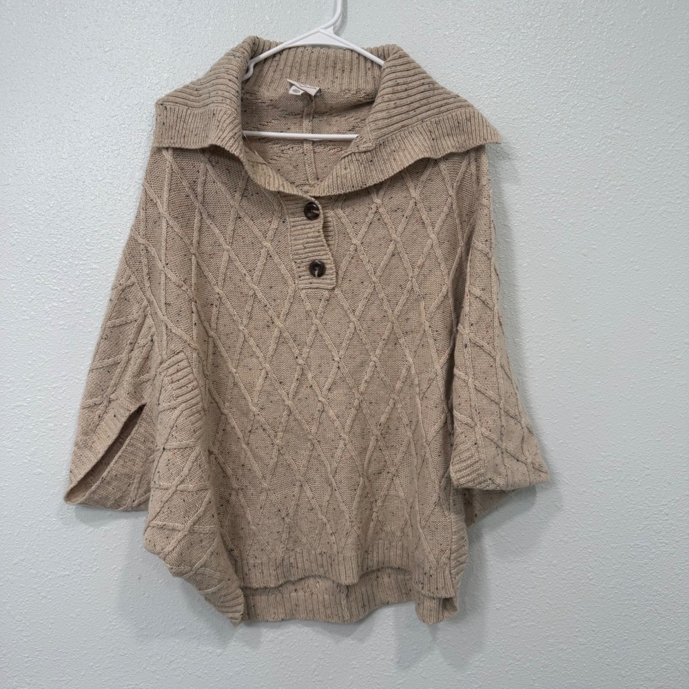 St Johns Bay Womens Beige Cable Knit Poncho Sweater Confetti Fleck Large